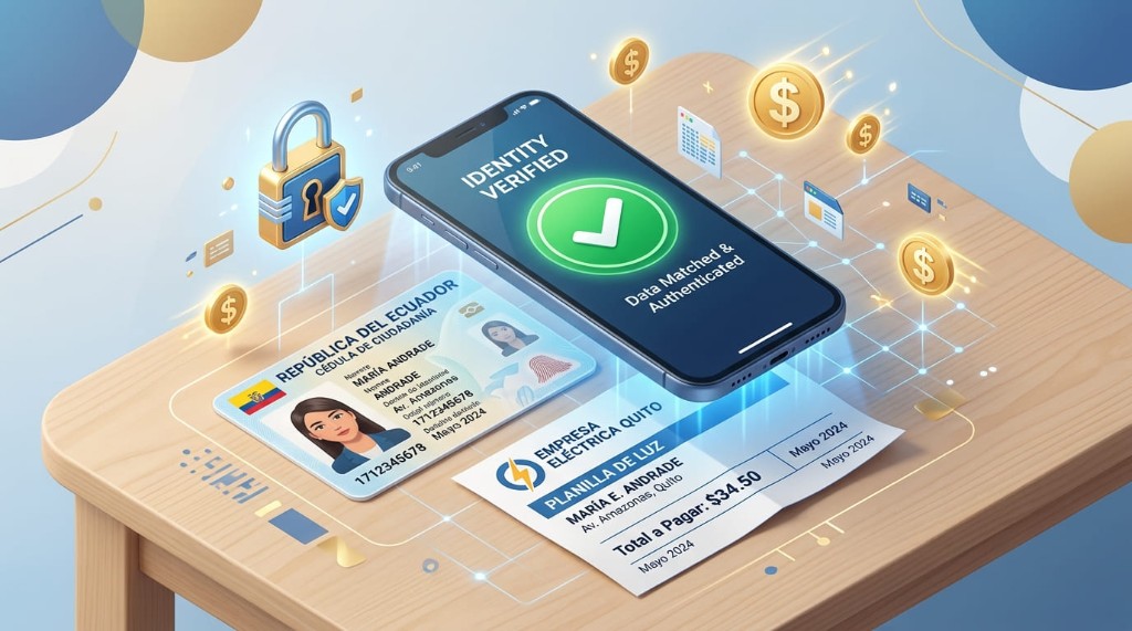 Cédula ecuatoriana y planilla de luz junto a la verificación de identidad aprobada